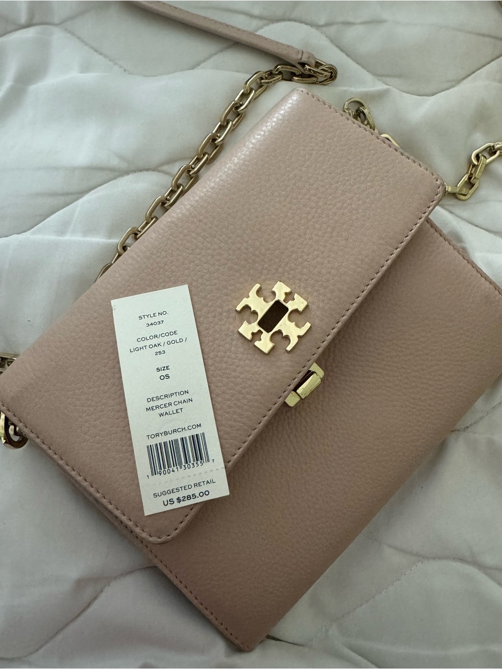 Tory Burch Light Oak Gold Pebbled Leather Chain Crossbody Wallet